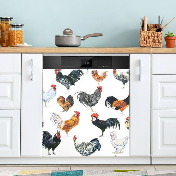 Roosters on White Dishwasher Cover Dishwasher Door