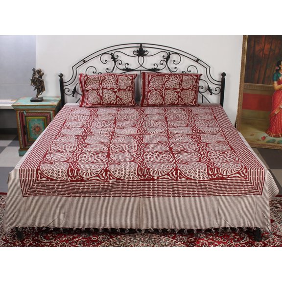 Rooswood-Red Striped Bedsheet from Pilkhuwa with Printed Leaves