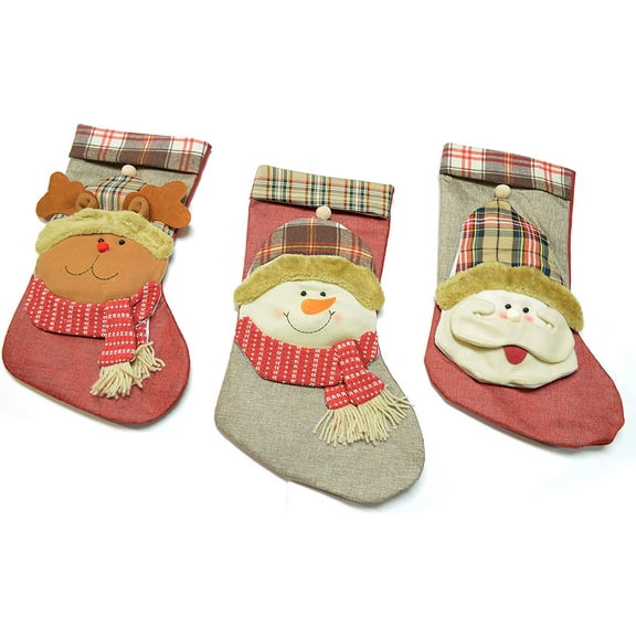 Root Cute Christmas Stockings Classic Plaid Burlap Reindeer, Santa, Snowman (3 Pack Plaid Stockings)
