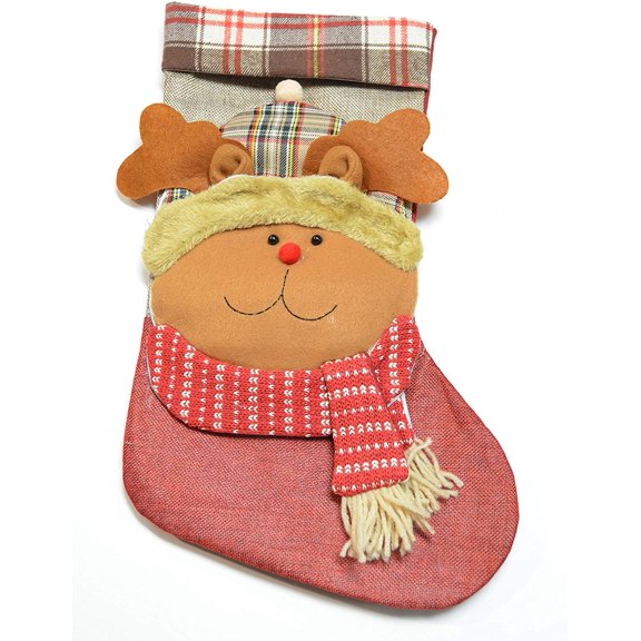 Root Cute Christmas Stockings Classic Plaid Burlap Reindeer, Santa, Snowman (Single Plaid Reindeer)