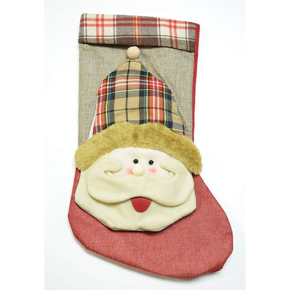 Root Cute Christmas Stockings Classic Plaid Burlap Reindeer, Santa, Snowman (Single Plaid Santa)