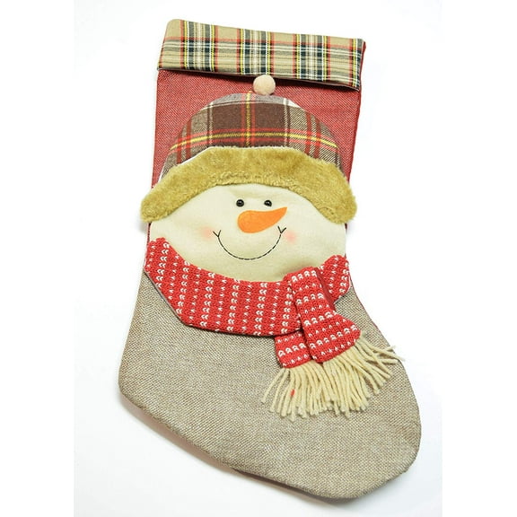 Root Cute Christmas Stockings Classic Plaid Burlap Reindeer, Santa, Snowman (Single Plaid Snowman)