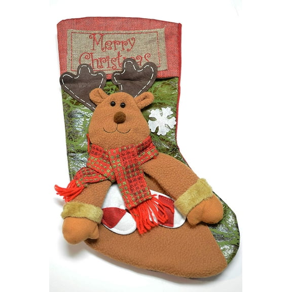 Root Cute Christmas Stockings for 2019 Classic Plaid Burlap Reindeer, Santa, Snowman (Single Burlap Reindeer)