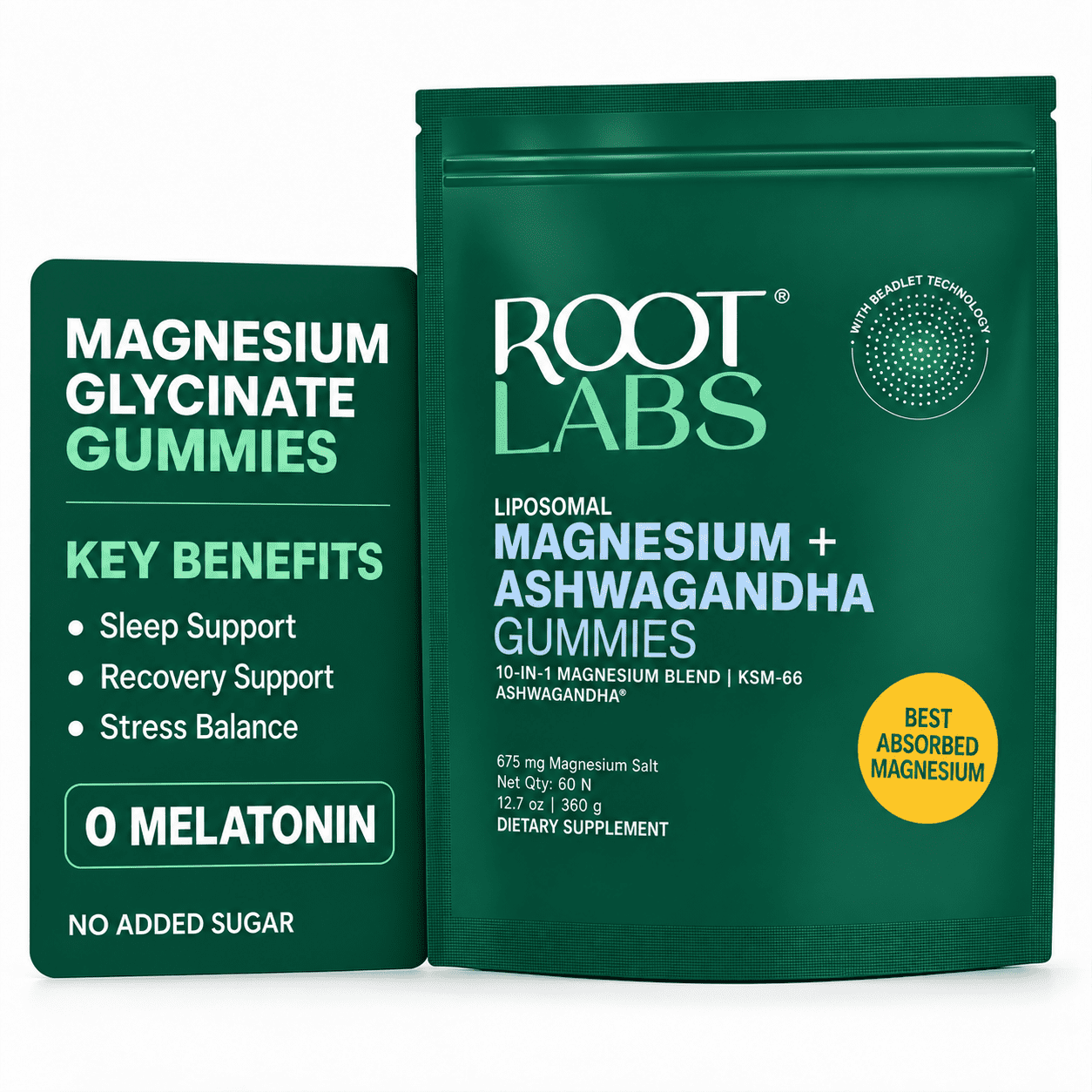 Root Labs Magnesium Glycinate Gummies with Ashwagandha & L-Theanine, 675mg, High Bioavailability, 60 Gummies, Pack of 1