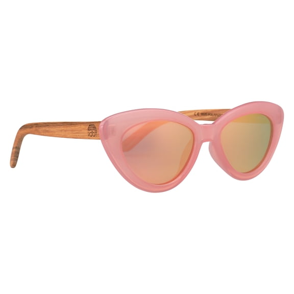 Root Pink Lady CatEye Pink PC Pink Mirror Lens Wood Temples Women's Sunglasses