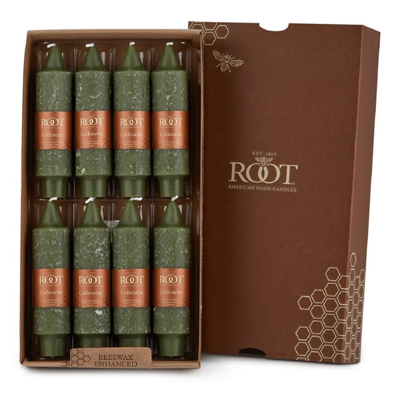 Root Unscented Grecian Collenettes Taper Candles, 5-Inch Tall, Box of 8, Dark Olive