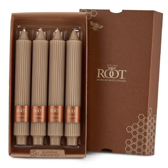 Root Unscented Grecian Collenettes Taper Candles, 9-Inch Tall, Box of 4, Taupe