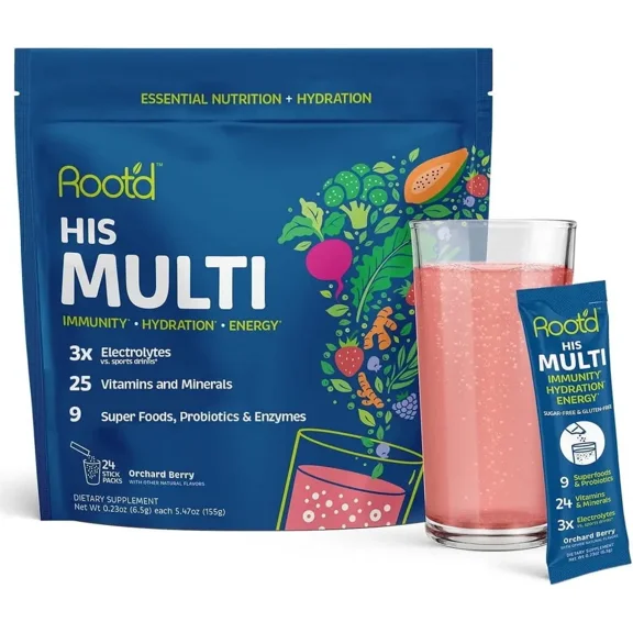 Root'd Multivitamin Powder with 3X Electrolytes for Men - 24 Vitamins & Minerals, 3X Electrolytes, 9 Superfoods, Probiotics & Enzymes, Sugar-Free Multivitamin & Hydration | 24 Packets