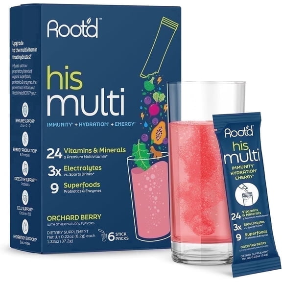 Root'd Multivitamin Powder for Men - 24 Vitamins & Minerals with3XElectrolytes - 6 Drink Packets