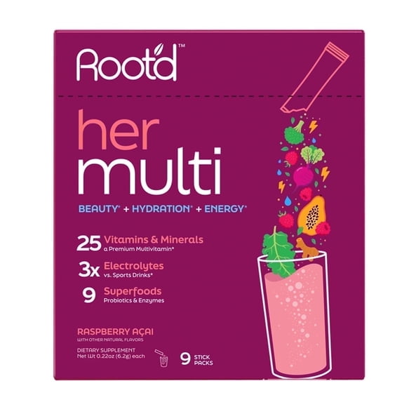 Root'd Multivitamin Powder for Women - 25 Vitamins & Minerals with 3X Electrolytes, 9 Organic Superfoods, Probiotics & Enzymes, Sugar-Free Multivitamin & Hydration | 9 Vitamin Drink Mix Packets