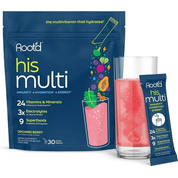 Root'd Multivitamin Powder for Men - 24 Vitamins & Minerals with 3X Electrolytes - 30 Drink Packets