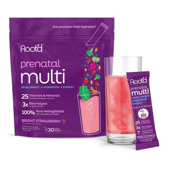Root'd Prenatal Multivitamin Powder - 25 Vitamins & Minerals with 3x Electrolytes, Folate, Iron, D3 for Mom & Baby, 7 Superfood & Probiotics, Sugar-Free Vitamins & Hydration | 30 Vitamin Drink Packet