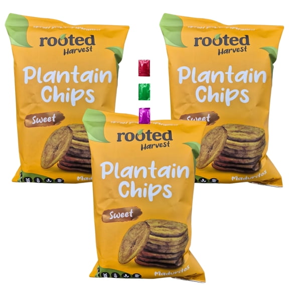 Rooted Harvest Sweet Plantain Chips 2.65-oz Pack of 3, Crispy Tropical Snack, Vegan Gluten Free Non-GMO Chips, Sweet Plantain Snack for Parties Road Trips On-the-Go w/ Snoep in Beperkte Oplage