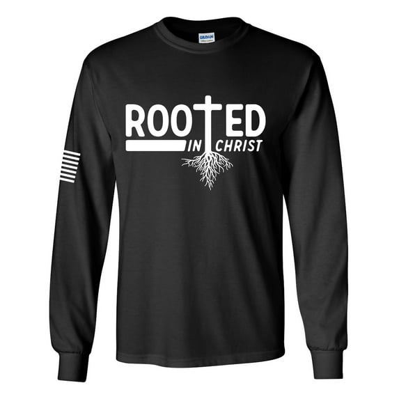 Rooted In Christ Tree Roots Mens Christian Long Sleeve T-shirt Long Sleeve Graphic Tee-Black-6xl