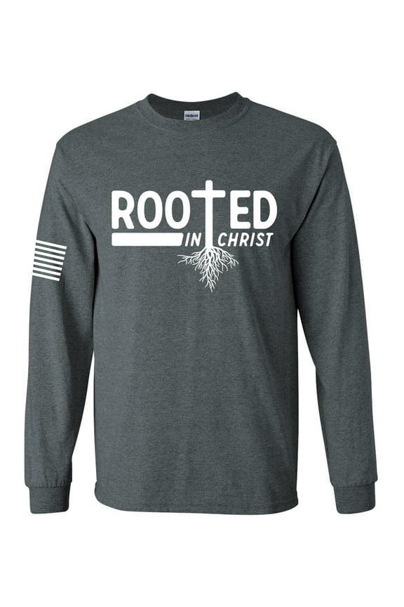 Rooted In Christ Tree Roots Mens Christian Long Sleeve T-shirt Long Sleeve Graphic Tee-Heather Grey-xl