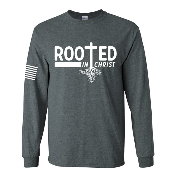 Rooted In Christ Tree Roots Mens Christian Long Sleeve T-shirt Long Sleeve Graphic Tee-Heather Grey-xxl