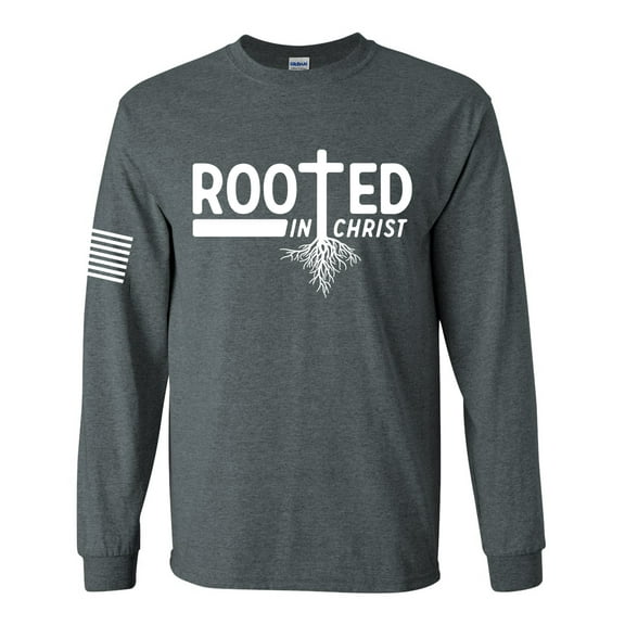 Rooted In Christ Tree Roots Mens Christian Long Sleeve T-shirt Long Sleeve Graphic Tee-Heather Grey-xxxl