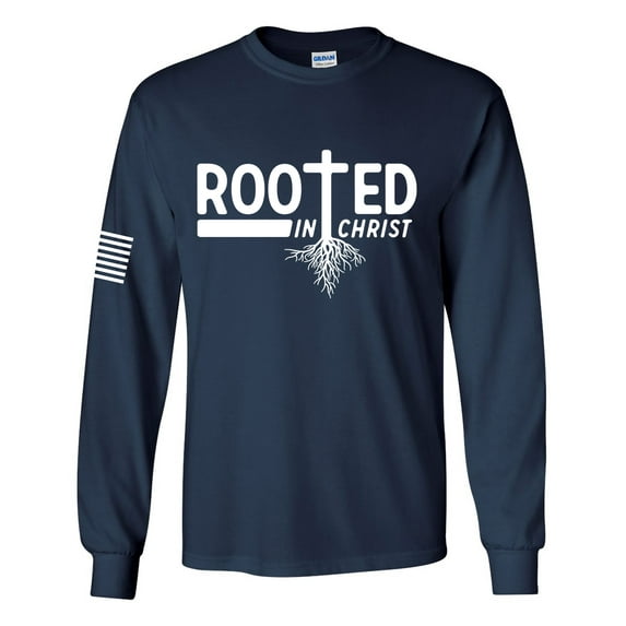 Rooted In Christ Tree Roots Mens Christian Long Sleeve T-shirt Long Sleeve Graphic Tee-Navy-5xl