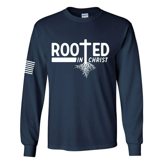 Rooted In Christ Tree Roots Mens Christian Long Sleeve T-shirt Long Sleeve Graphic Tee-Navy-6xl