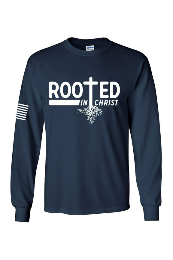 Rooted In Christ Tree Roots Mens Christian Long Sleeve T-shirt Long Sleeve Graphic Tee-Navy-xl