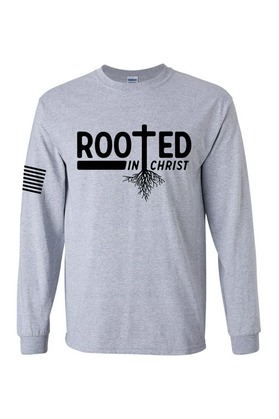 Rooted In Christ Tree Roots Mens Christian Long Sleeve T-shirt Long Sleeve Graphic Tee-Sports Grey-large