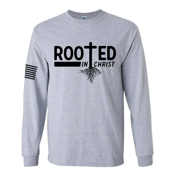 Rooted In Christ Tree Roots Mens Christian Long Sleeve T-shirt Long Sleeve Graphic Tee-Sports Grey-xxxl