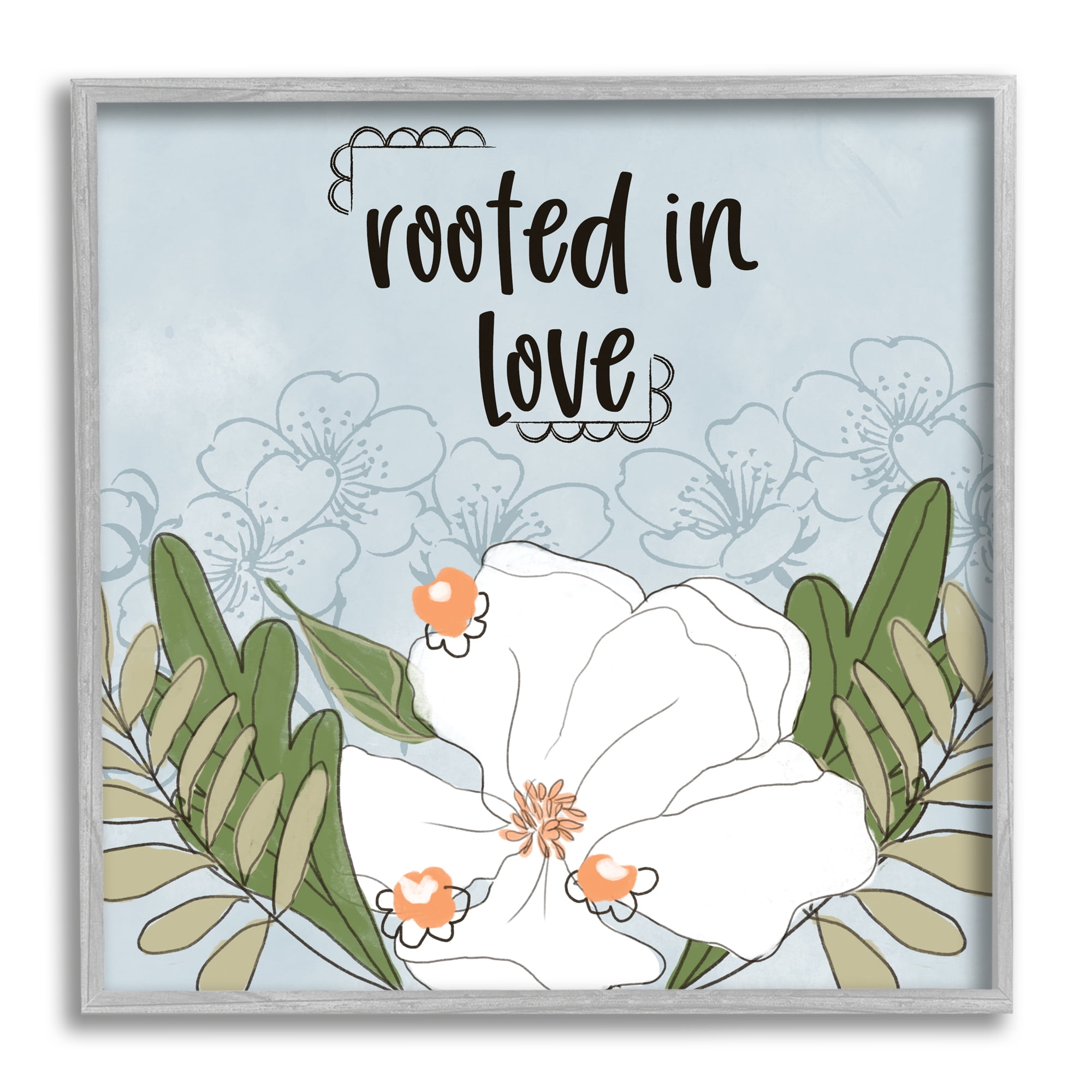 Rooted In Love Phrase Fluid Floral White Flower Botanical & Floral Framed Art Print Wall Art, 17x17