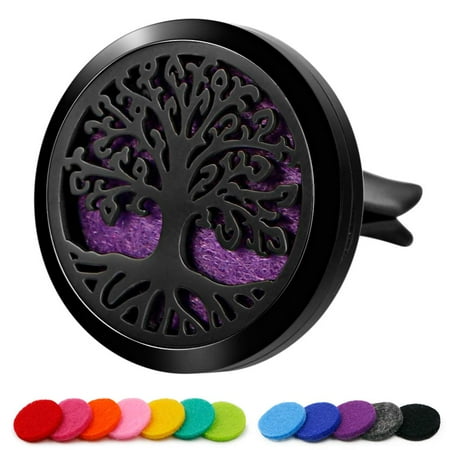 Rooted Tree Car Diffuser Aromatherapy Essential Oil Black Color Stainless Steel Small Case with Ventilation Clip 12 Felt Pads