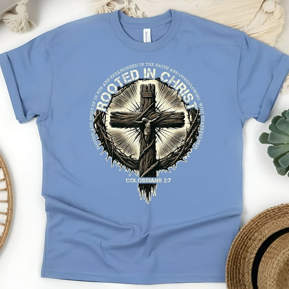 Rooted in Christ Bible Verse Cross Graphic T-Shirt | Unisex Religious Inspirational Shirt, CarolinaBlue, Size M
