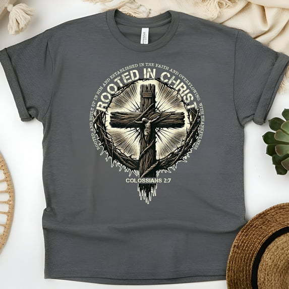 Rooted in Christ Bible Verse Cross Graphic T-Shirt | Unisex Religious Inspirational Shirt, Dark Heather, Size 3XL