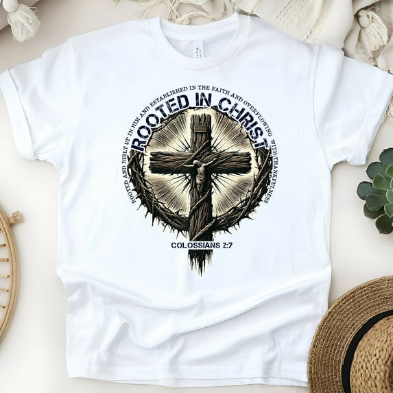 Rooted in Christ Bible Verse Cross Graphic T-Shirt | Unisex Religious Inspirational Shirt, White, Size S