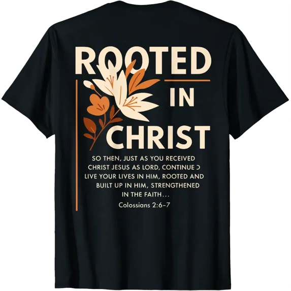 Rooted in Christ Religious Christian Jesus Faith On Back Print T-Shirt ...