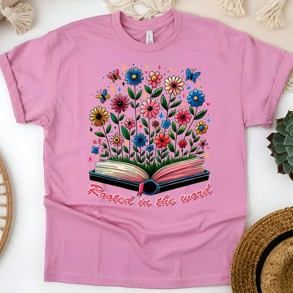 Rooted in the Word Christian T-Shirt with Bible and Flowers Design, Azalea, Size L