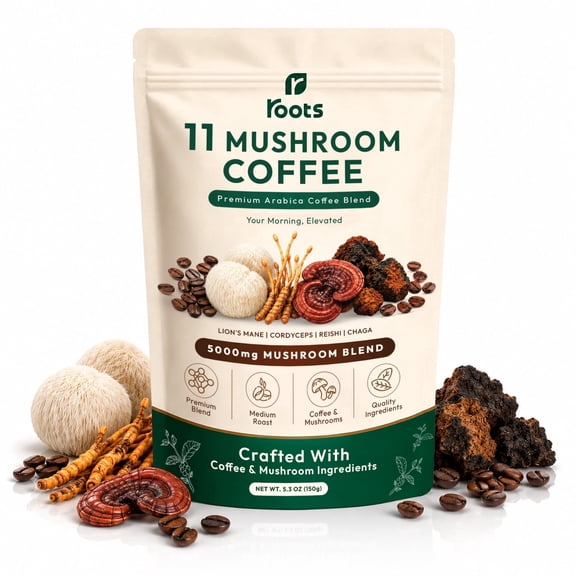 R ROOTS Instant Mushroom Coffee, Arabica Medium Roast with Lions Mane, Cordyceps, Reishi and Chaga, 30 Servings, 5.3 oz