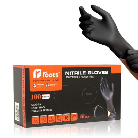 Roots Latex-Free Nitrile Disposable Gloves Box Set, Black, 100 Count