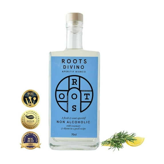 Roots Divino Bianco Non Alcoholic Vermouth | Multiple Gold award winning wine-based zero proof aperitif | Handcrafted with greek lemons and thyme | Low Cal | Made in Greece | 23.7fl oz (700ml)