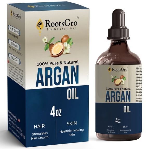 RootsGro Natural Argan Oil | Strengthens and Nourishes Hair Scalp | Suitable for Hair Types - 4oz