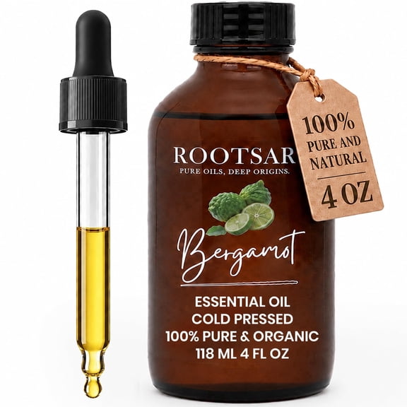 Rootsar Bergamot Essential Oil 100% Pure Organic Bergamot Oil, Cold Pressed, 4 FL OZ / 118 ML Premium Essential Oil for Diffuser, Aromatherapy, Massage, Skin Care, Candle & Soap Making