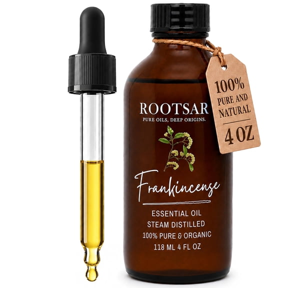 Rootsar Frankincense Essential Oil  100% Pure Organic Frankincense Oil, Steam Distilled, 4 FL OZ / 118 ML  Premium Essential Oil for Diffuser, Aromatherapy, Massage, Skin Care, Candle & Soap Making