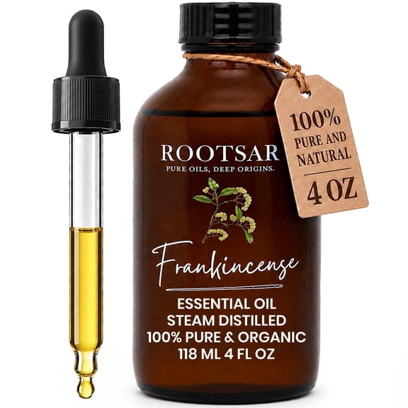 Rootsar Frankincense Essential Oil 100% Pure Organic Frankincense Oil, Steam Distilled, 4 FL OZ / 118 ML Premium Essential Oil for Diffuser, Aromatherapy, Massage, Skin Care, Candle & Soap Making