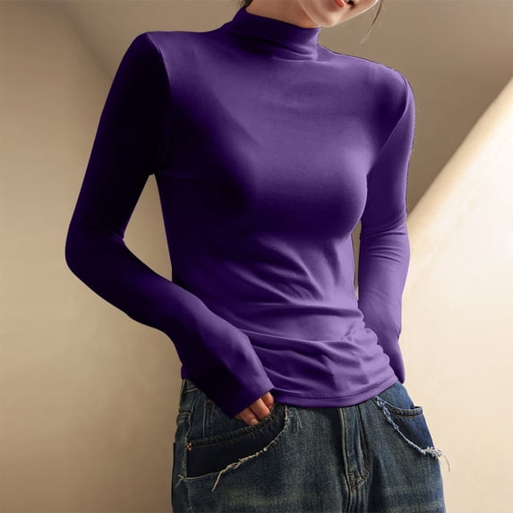 Ropa De Invierno Para Mujer Black Long Sleeve Shirt For Woman Women's Half-high Collar Bottom Shirt For Women Shoulder Long Sleeve T-shirt Top Bottom Long Sleeve Top,Purple,M