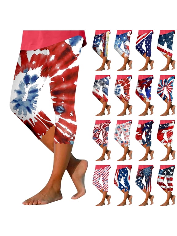 Ropa de Verano Para Mujer! QATAINLAV Independece Day Capris Trousers for Women American Flag Print Graphic Slim Leggings High Waisted Yoga Sport Cropped Pants Blue XL