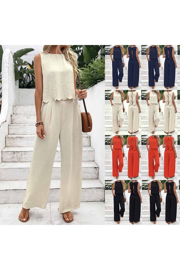 Ropa de Verano Para Mujer! QATAINLAV Women's Summer Sleeveless Tanks Tracksuit Solid Color Casual Cropped Tops and Elastic Waist Wide Leg Palazzo Pants 2 Piece Sets Beige S