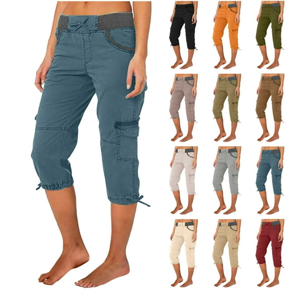 Ropa de Verano Para Mujer! QATAINLAV Womens Cargo Capris Summer Casual Drawstring Low Waisted Hiking Jogger Pants Lightweight Cotton Capri Pants with Pockets Black XL