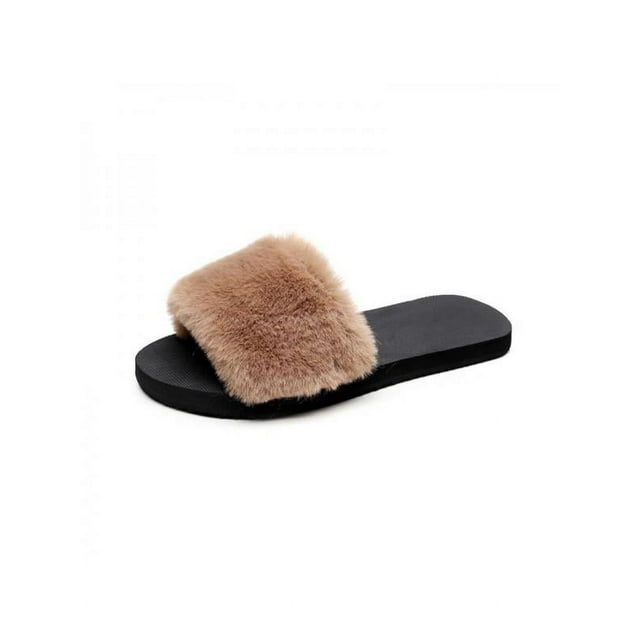 Ropalia Womens Winter Fur Solid Color Slippers Home Anti-Slip Warm Cotton Trailer Shoes Ladies Casual Shoes