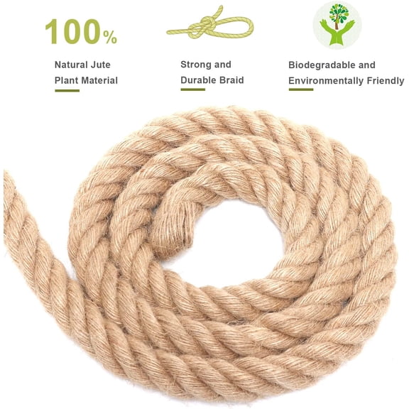 Rope 1 Inch 100 Feet Jute Rope, Heavy Duty Jute Rope, Natural Hemp Rope, Twisted Hemp Rope for Crafts, Gardening, Bundling, Climbing, Hammock, Nautical, Tug of War, Railings, Home Decorating