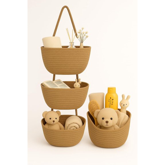 Rope Basket Organizer - 3 Tier Wall boho Storage Organizer for Toys , Snacks & Decor - Coiled Weaving Craft, Housewarming & Shower (brown)