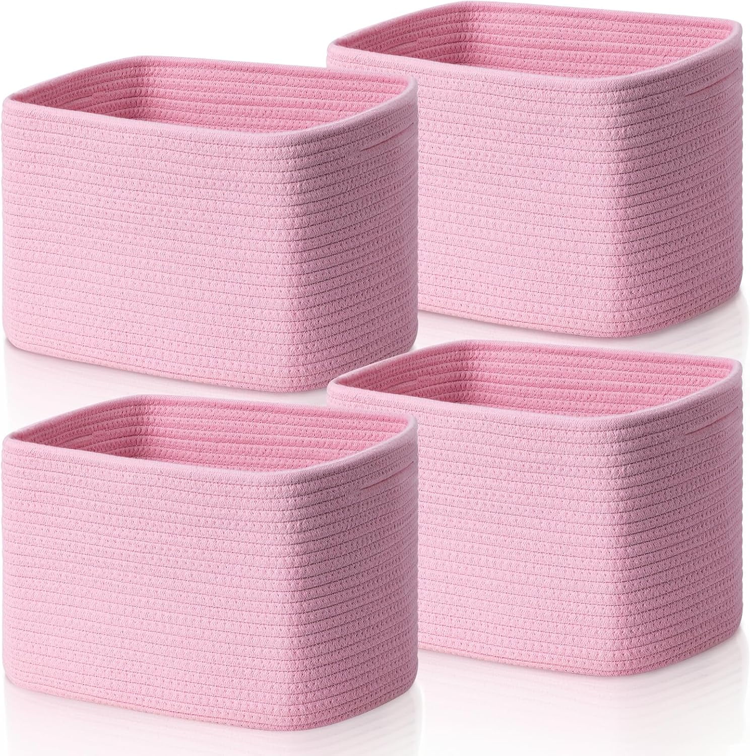 Rope Basket for Storage - 12”x10”x9” Storage Bins, Decorative Basket for Blankets, Woven Basket with Handles, Storage Baskets for Shelves, Home, Laundry (4 Pack, Pink)
