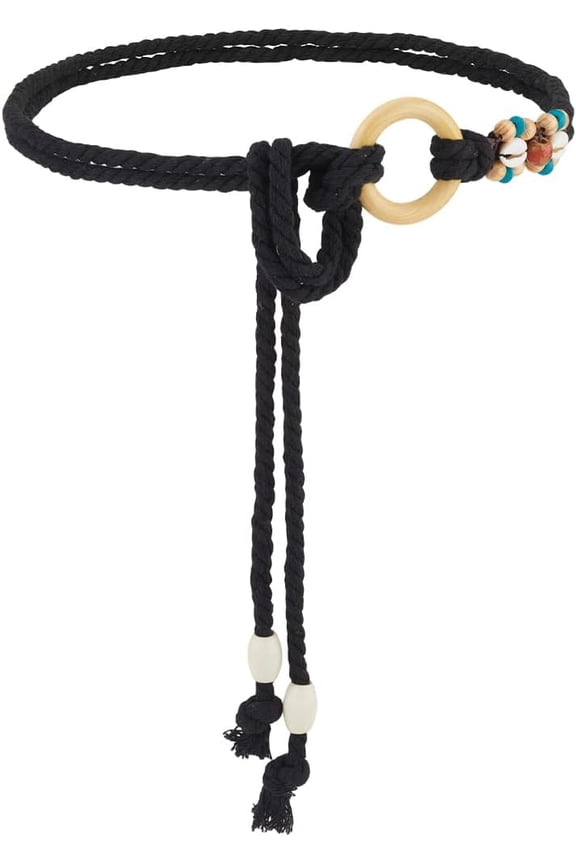 Rope Braid Waist Belt 55 Inch Long Black Simple Cotton Skinny Waist Rope Chain Ethnic Boho Woven Thin Belts with Wooden Beads for Jeans Skirt Dress Cloth Pants Women Ladies