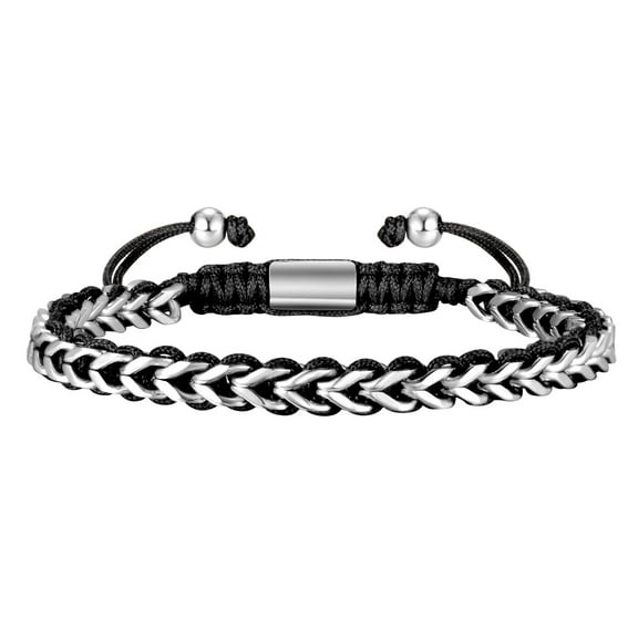 Rope & Chain Braided Link Bracelet for Men : Handmade Trendy Men's Stainless Steel Metal Non Tarnish Waterproof Cuban Chain Bracelet Fashion Jewelry Gift for Dad Son Boyfriend, Adjustable